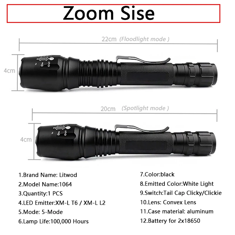 Litwod Z10V5 powerful hunting LED Flashlight Torch CREE XML L2 T6 Zoomable Tactical Flashlight stand night hunting light for gun