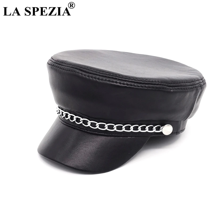 

LA SPEZIA Women Military Caps Genuine Leather Casual Army Hat With Chain Classic Natural Leather High Quality Flat Top Caps Men