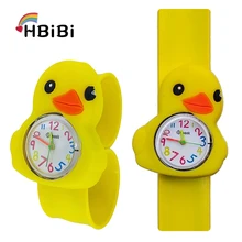 Hot selling Children watch for boy girl students clock child gift cartoon yellow duck Silicone Tape patted table kids watches