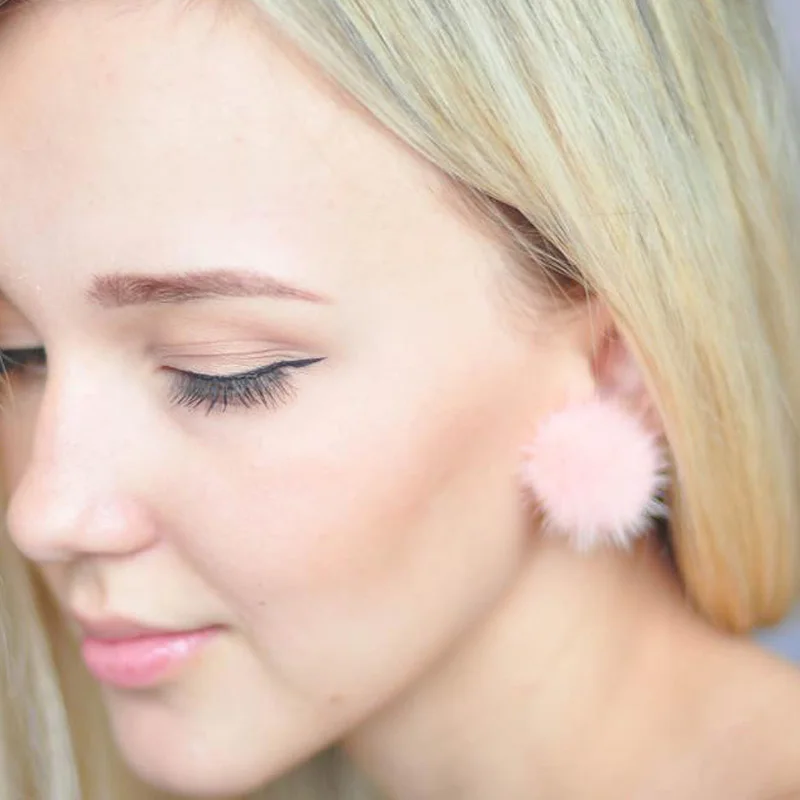 

New real leather round mink fur ball earrings for women