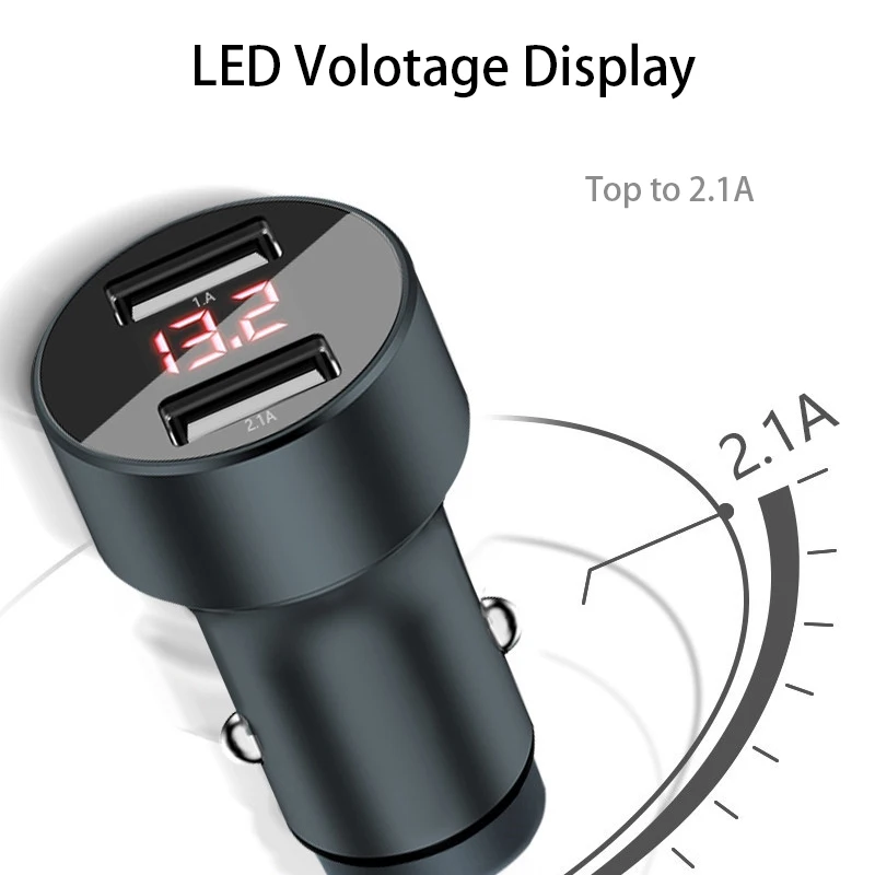 Универсальное автомобильное зарядное устройство из алюминиевого сплава с двумя портами usb 2.1A+ 1A Быстрая зарядка для Xiaomi samsung iPhone и т. д. с автомобильным дисплеем напряжения