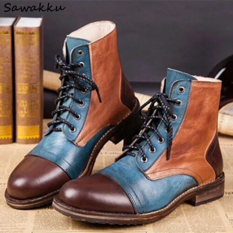 

Western Knight Mixed Colors Army Men Ankle Boots Lace Up Pleated Genuine Leather Round Toe Casual Martin Boots Military Shoes
