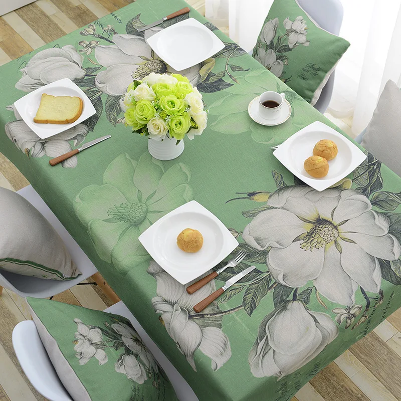 

Green White Flowers Print Decorative Table Cloth Cotton Linen Fresh Tablecloth Dining Table Cover For Kitchen Home Room Decor