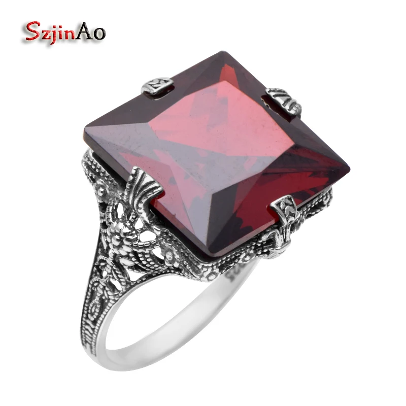 

Szjinao 925 Sterling Silver Garnet Flower Vintage Square Rings For Women Rock European Palace Royal Wedding Spartan Jewelry
