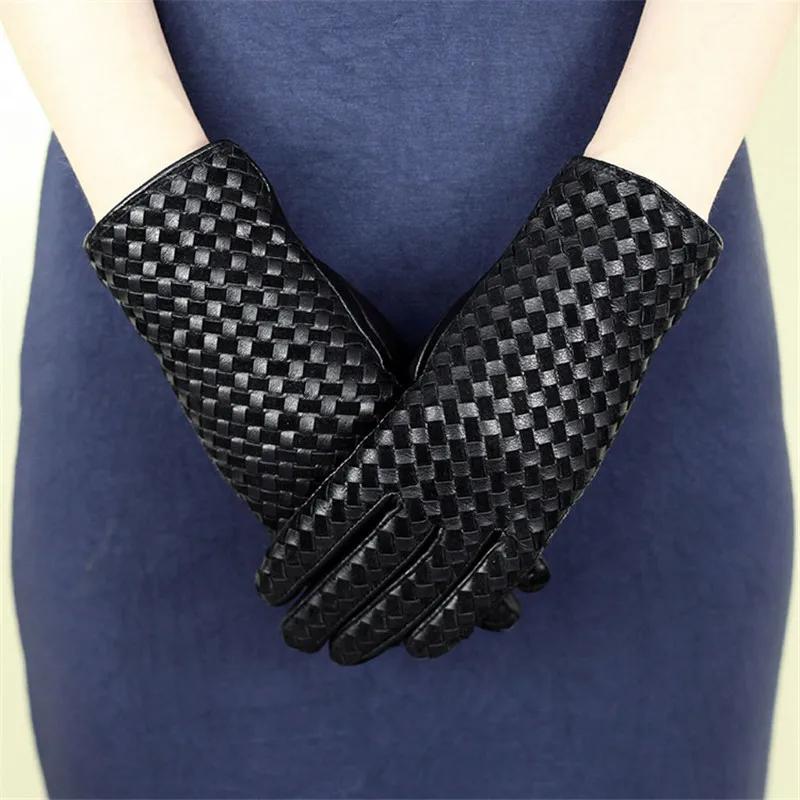 Genuine Leather Gloves Female Thick Hand-Woven Leather Winter Warm Plus Velvet Thicken Lamb Leather Woman Gloves DQ206