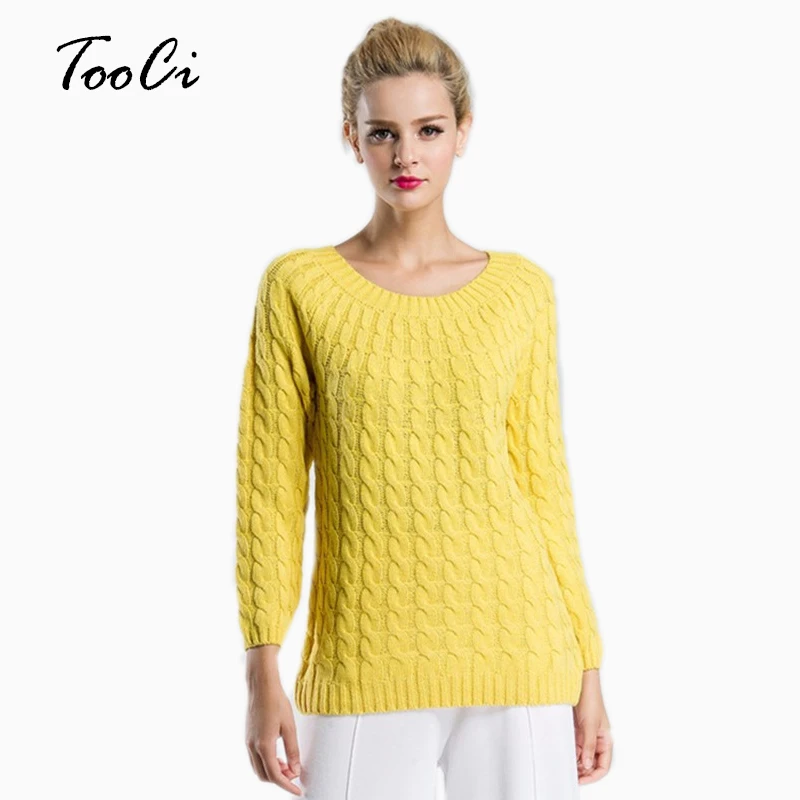 

Spring Women Sweaters Candy Color O-neck Twisted Knitted Yellow Long Sleeve Pullover Knitted Warm Sweater Femme Tops