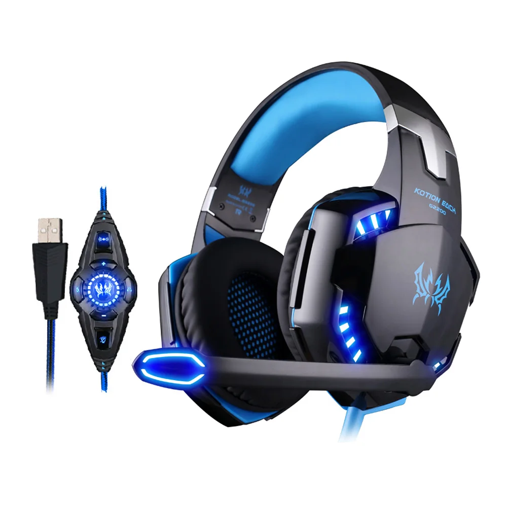 KOTION EACH G2200 USB 7,1, объемный звук, вибрация, игровые наушники, компьютерная гарнитура, наушники, повязка на голову с микрофоном, светодиодный - Цвет: G2200 blue