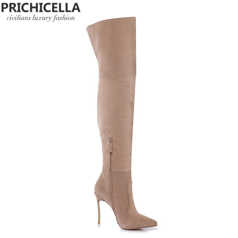 Najtaniej PRICHICELLA żelazny obcas prawdziwej skóry brązowe kobiety zakolanówki wysokie obcasy wysokie gladiator botki size34 42