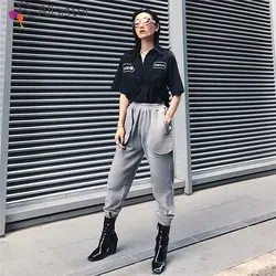 2019 новые женские модные уличные стрельба повседневные штаны серый эластичный пояс наружные карманы дизайн свободные штаны хип хоп