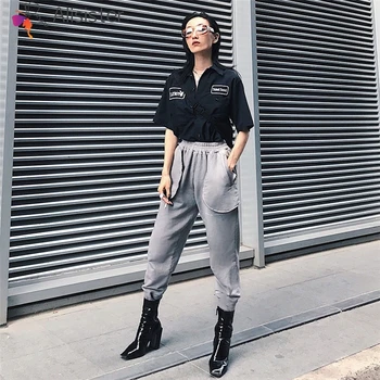 

2019 New Women's Fashion Street Shooting Casual Pants Gray Elastic Waist Outside Pockets Design Loose Trousers Hip Hop Pants