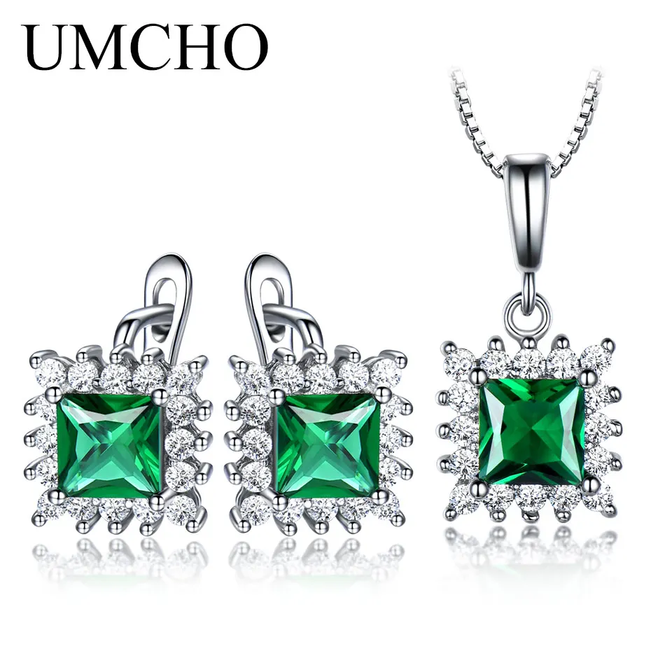 

UMCHO 925 Sterling Silver Green Emerald Gemstone Earrings Necklace set for Women Wedding Engagement Party Gift Fine Jewelry Set