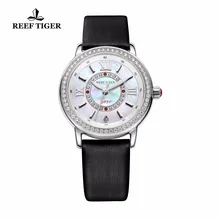 Reef Tiger/RT Popular Elegant Womens Watches Calfskin Leather Strap MOP Dial Ronda 763 Quartz Diamonds Watches RGA1563