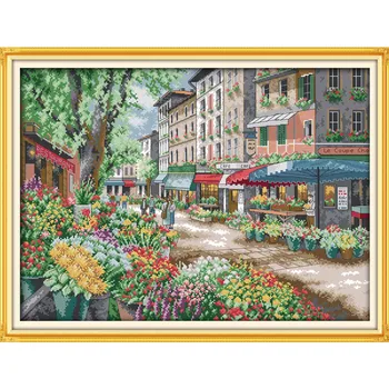 

Paris Flower Market Painting DIY Handmade Needlework Cross Stitch Set Kits For Embroidery Cross Stitch Home Decor