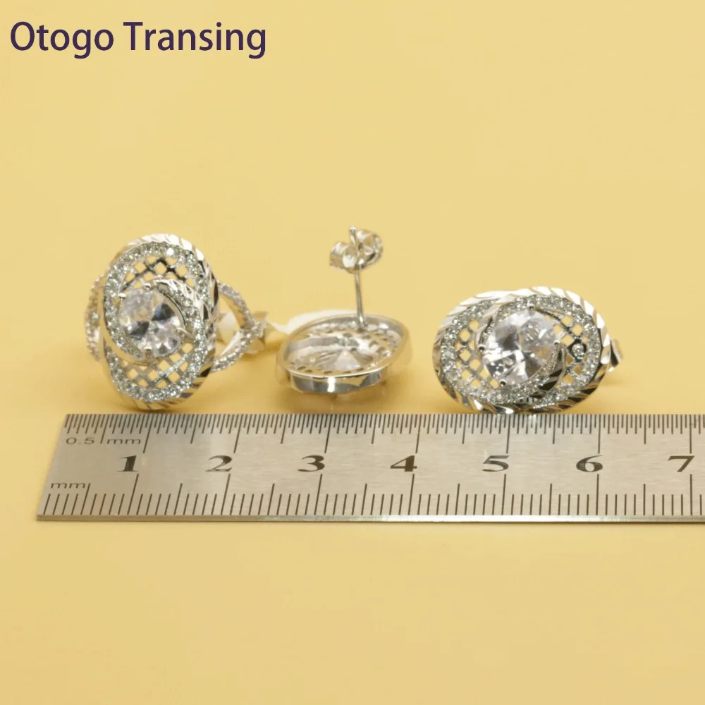 Otogo transing круглый со шпильками с белым кубическим цирконием серебристого цвета Цвет комплекты украшений для женщин серьги, ожерелья браслеты-кольца SET211