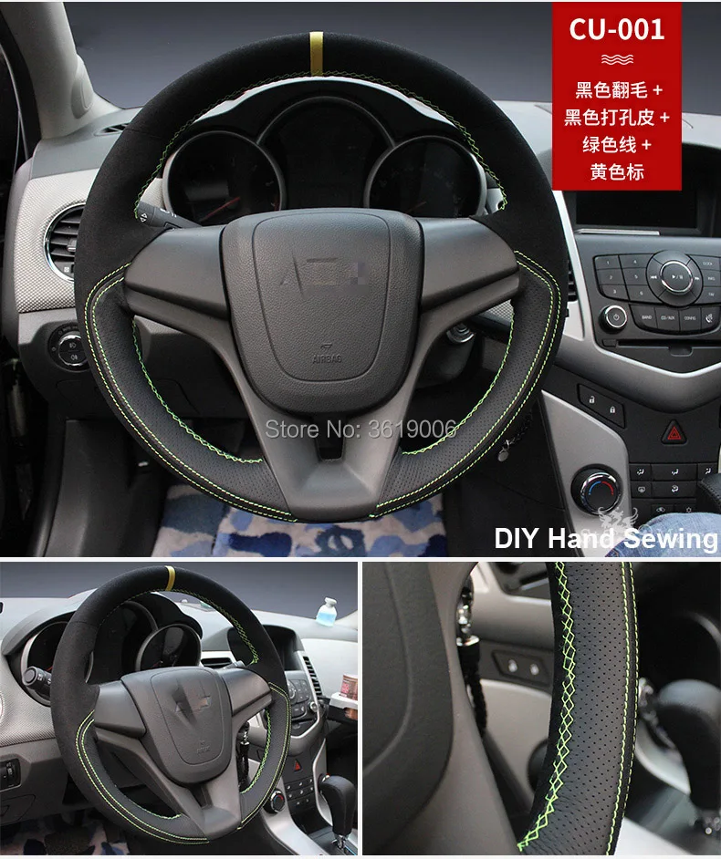 Для Chevrolet Cruze Высокое качество ручная прошитая противоскользящая Черная кожа черная замша зеленая нить DIY чехол на руль