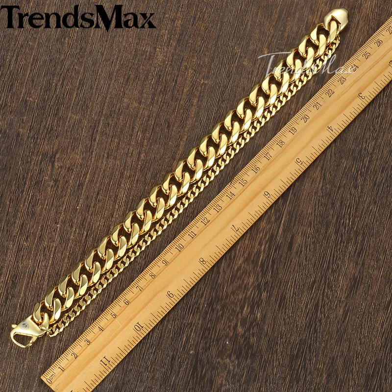 Trendsmax, полированный мужской браслет, Двойная Цепочка, пшеница, Снаряженная, кубинское звено, браслет из нержавеющей стали, серебряный, золотой цвет, 20 см, KDBM01