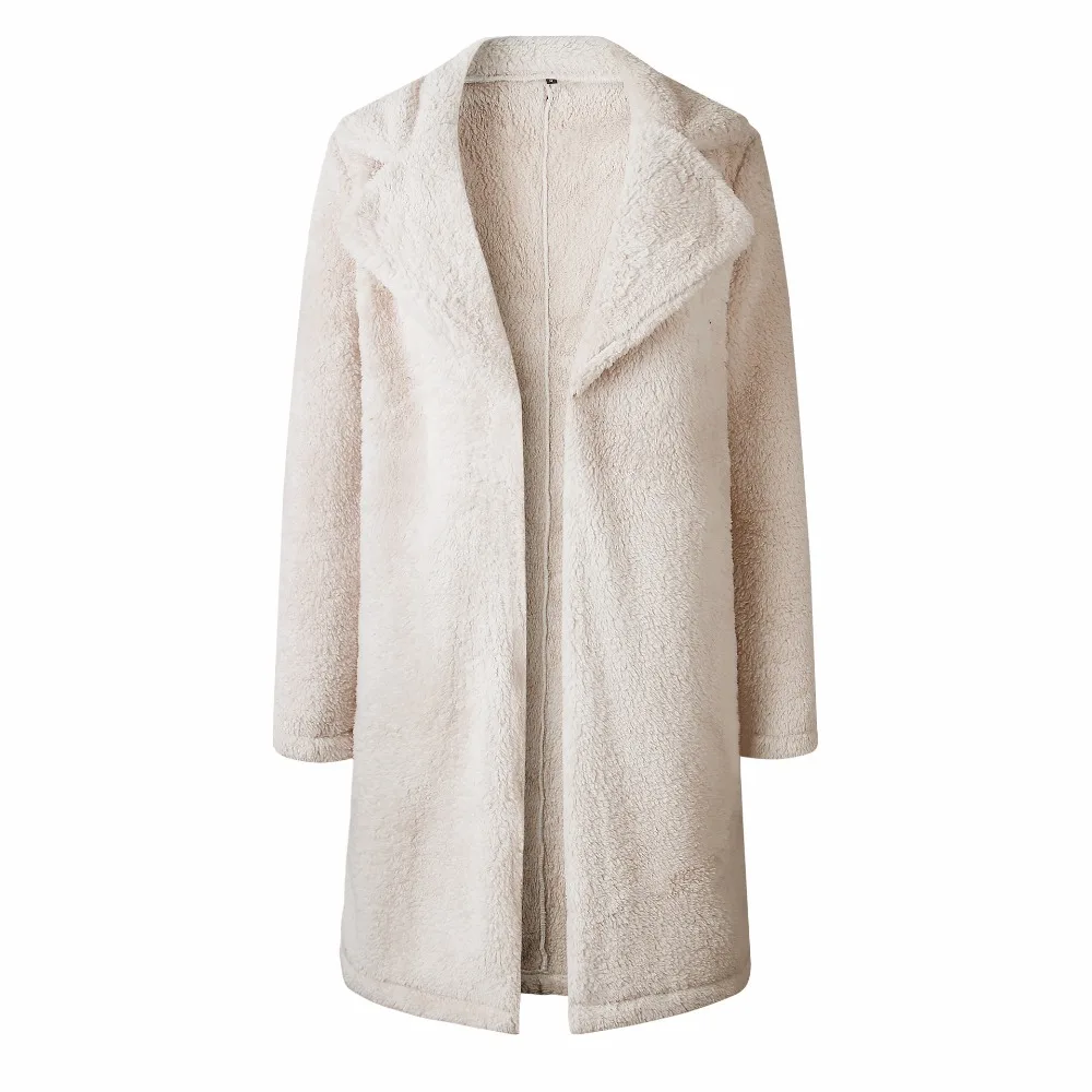 Офисное женское однотонное длинное пальто с открытым передом из искусственного меха, Осень-зима, женские пальто, верхняя одежда, куртка, Женская куртка размера плюс