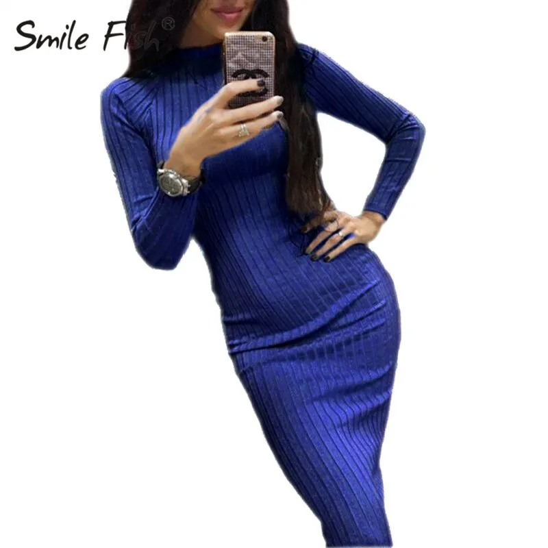 Tanie Elegancka damska sukienka Midi jesień z długim rękawem Stretch sukienki zimowa Bodycon z dzianiny szata biurowa, damska dzianinowa prążkowana Jurken GV424