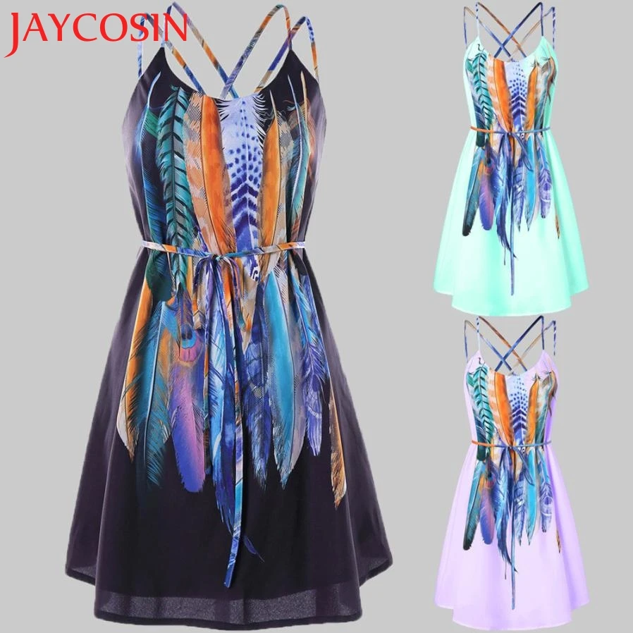 

2018 dress Women Casual Printed Feathers Pattern Cami Strap Dress Dropshipping July 30