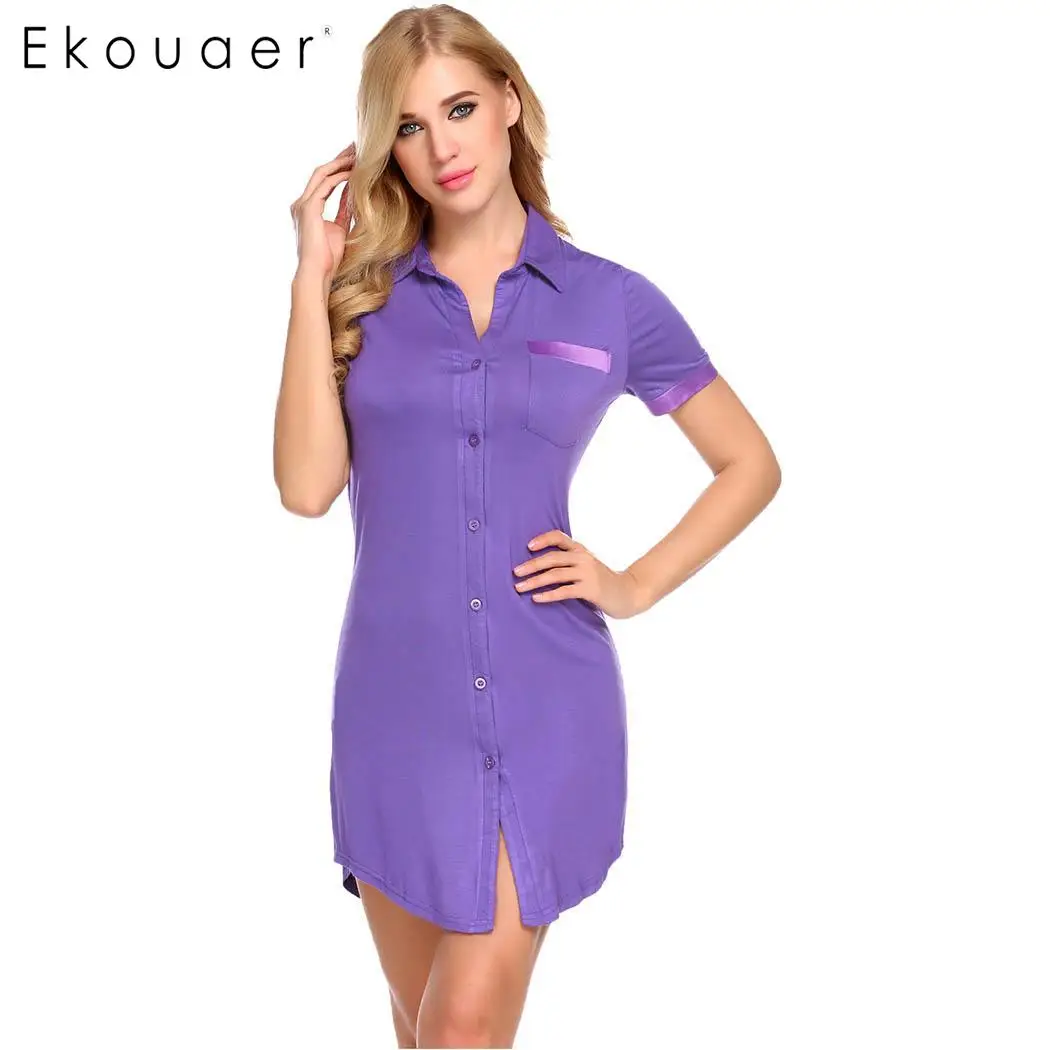 Ekouaer, Женское ночное платье, ночная рубашка пижама, на пуговицах, короткий рукав, ночная рубашка, сорочка, ночное платье, женская домашняя одежда - Цвет: Purple
