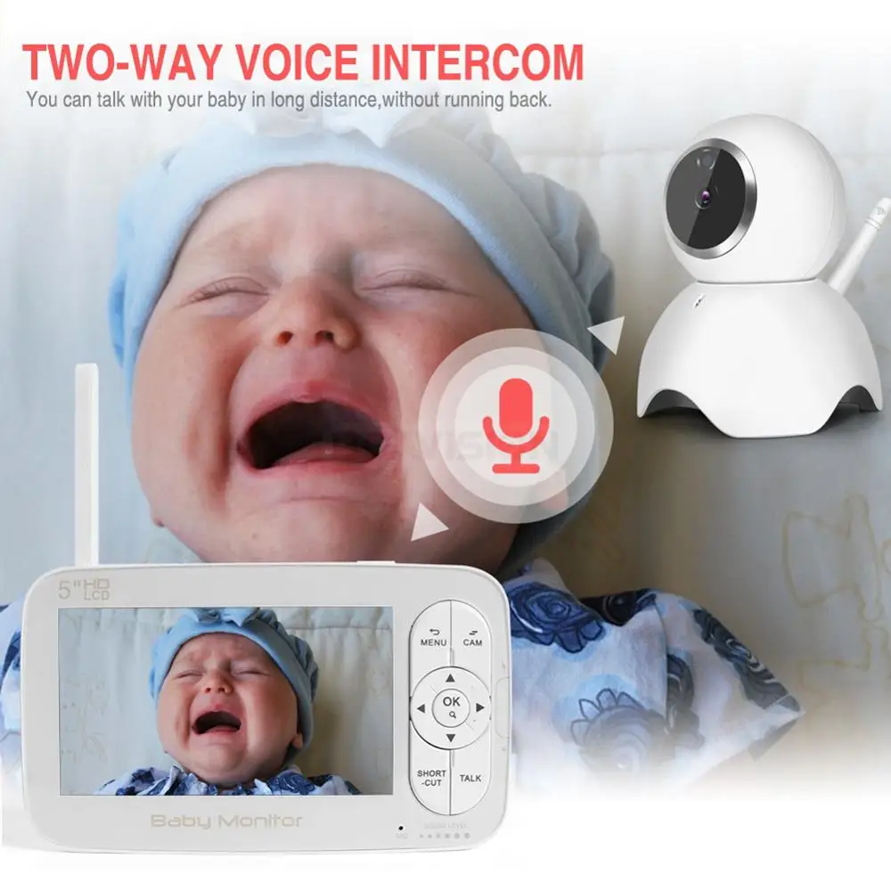 HD 720P Wireless Baby Monitor PTZ 360 Degree 5 Inch LCD Zoomable Baby Camera Night Vision Babysitte