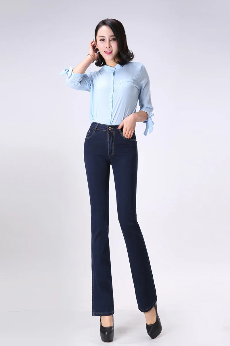 Elastic Straight Mom Jeans Woman for 4 Season High Waist Jeans Plus Size Long Denim Pants Dark Blue Slim Women Long Trousers