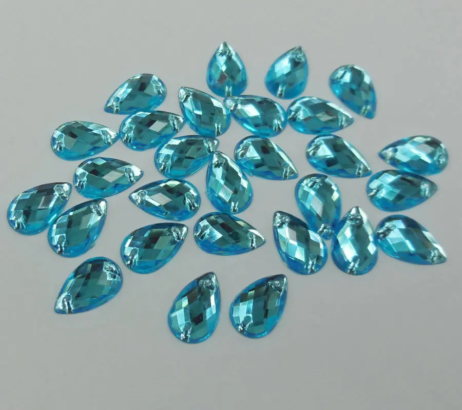 

100pcs,8x13mm Blue Teardrop Rhinestone Flatback Sew-on Beads 2 holes For Clothes Dress Strass Crystal Stones and Crystals DIY