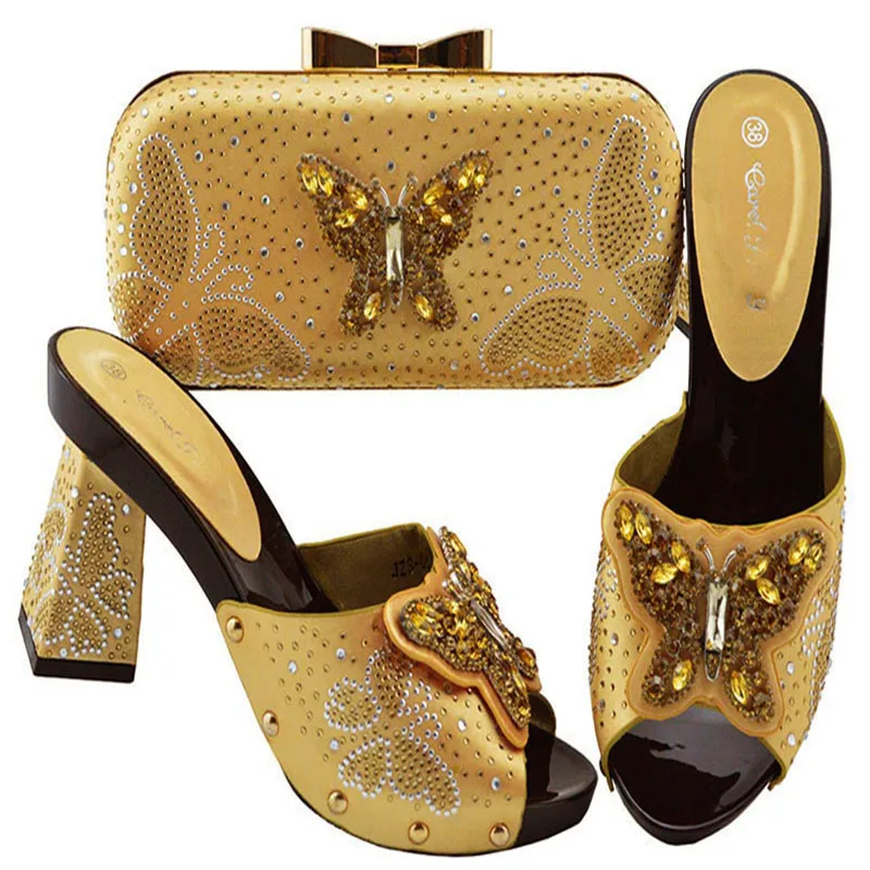 

JZS-05 GOLD Crystal Italian Shoes with Matching Bags Set African Matching Shoes and Bag Italian In Women Nigerian Shoes and Bag