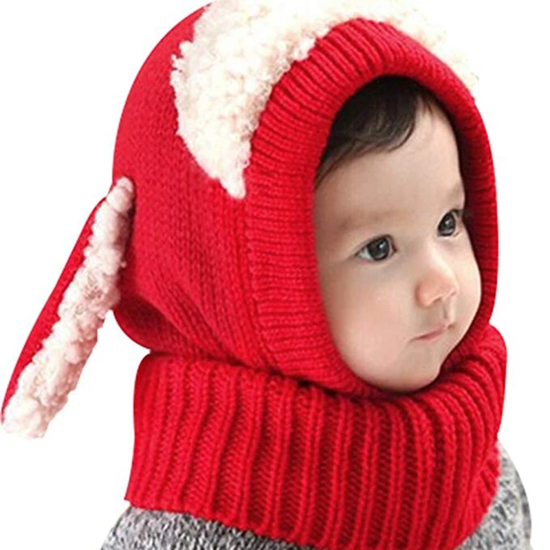 Детская зимняя теплая шапочка-бини шарф с капюшоном ушанка вязаная шапочка для малышей - Цвет: Красный