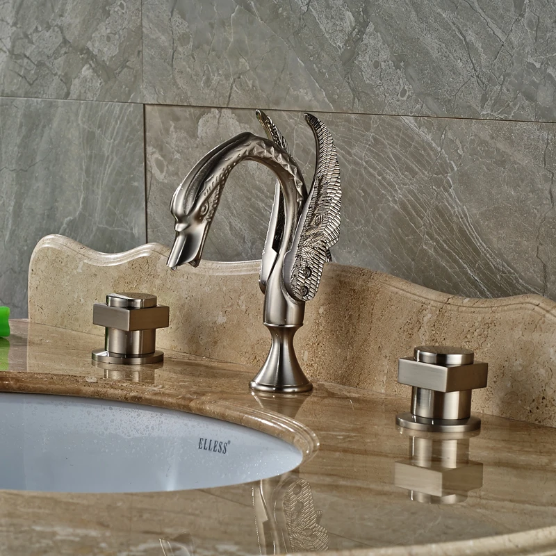 Luxury Double Square Handles Bathroom Faucet Deck Mount Brushed Nickel Swan Wash Basin Mixer Taps