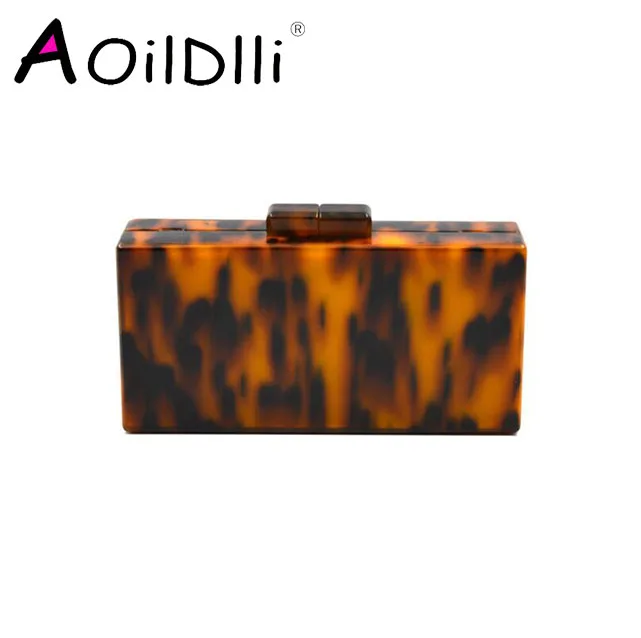 Bolsa de Embreagem Leopardo Padrão Acrílico Retro Tortoiseshell Caixa Bolsas Noite Festa Feminina Ombro Crossbody Corrente Bolsa