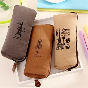 

Vintage Eiffel Tower Pencil Cases Kawai Canvas Pen Bag Pencil Box Cute Pen Case For Boys Stationery Office School Supplies