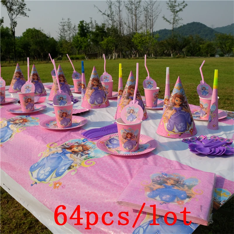 

Disney Princess Sofia Theme Design Pink Cups Plates 64Pcs/Lot Cute Tableware Birthday Party Decoration For Family Party Supply