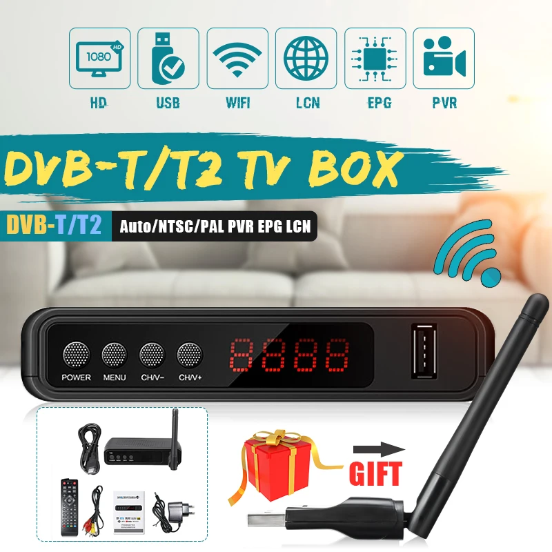 USB2.0 DVB T2 ТВ тюнер Wi-Fi DVB-T2 ресивер Full-HD 1080 P цифровой смарт-поддержка ТВ-коробок MPEG H.264