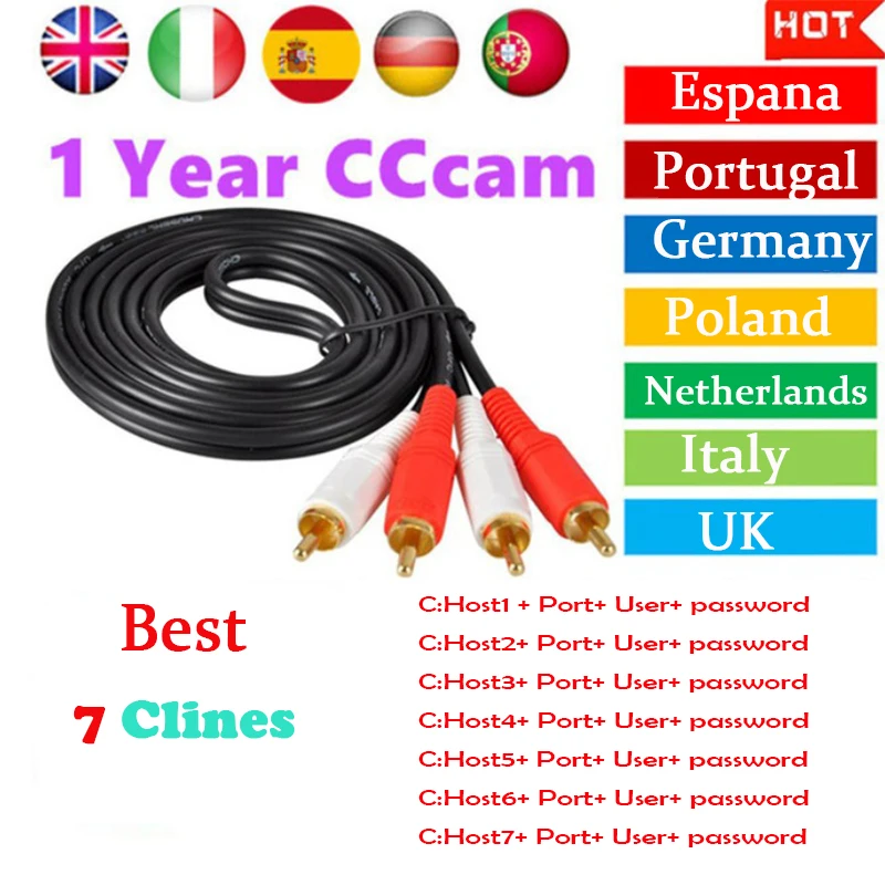 

1 Year Europe Cccams 7 Clines ccam Server For Spain Portugal Germany Poland Italy Support DVB-S2 Receptor Satelite TV Receiver