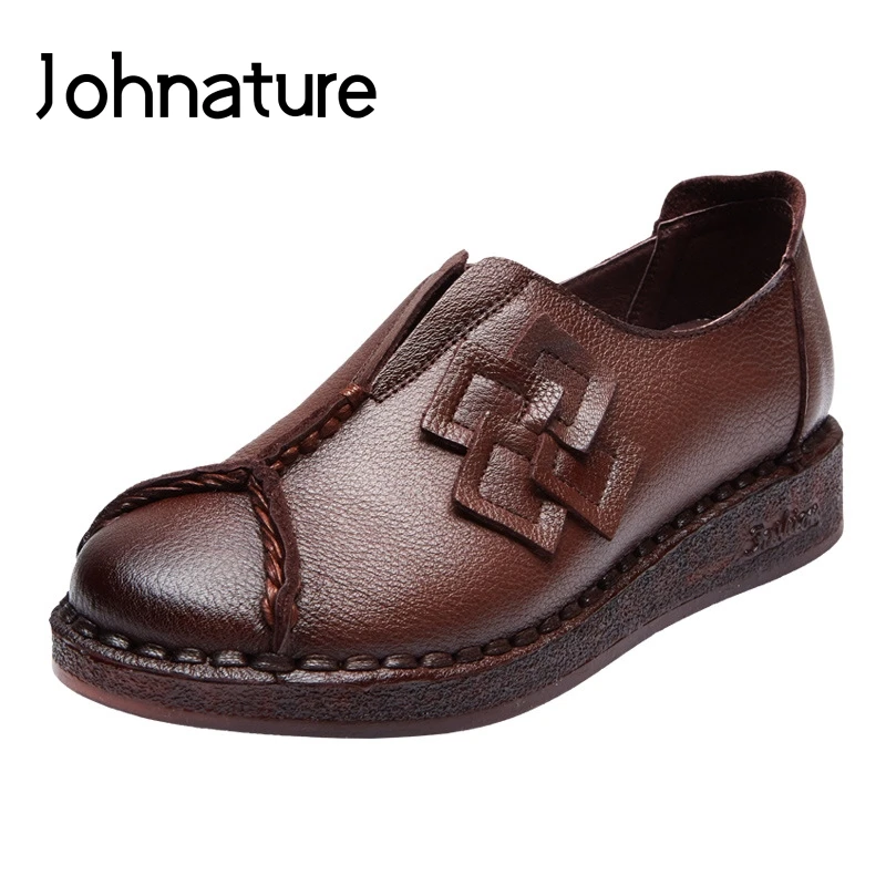 

Johnature 2019 New Spring/autumn Retro Genuine Leather Soft Soled Round Toe Solid Casual Platform Loafers Women Flat Shoes
