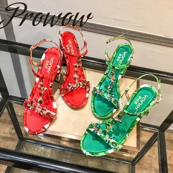 

Prowow New Spring Summer Printed Floral Summer Sandals Open Toe Crystal Beading HIgh Heels Dress Sandals Shoes Women