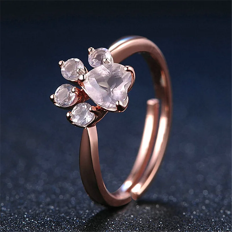 Joyme Cut Cat Dog Bear's Paw Rose Gold Resizable Rings For Women Romantic Animal CZ Heart Wedding Rings