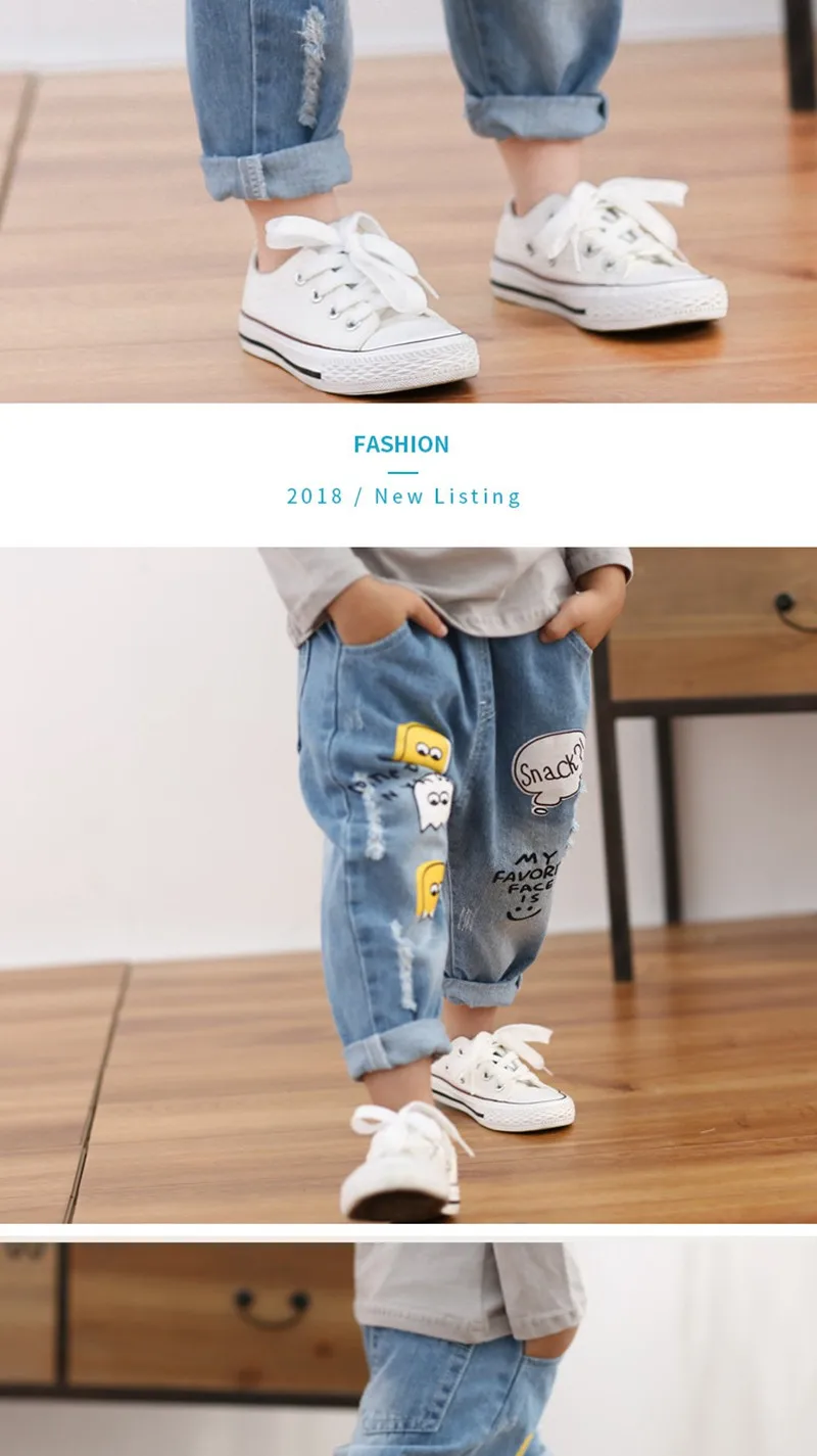 COOTELILI 80-130cm Light Ripped Jeans For Kids Kawaii Cartoon Children Jeans Pants Casual Elastic Waist Trousers For Boys (7)