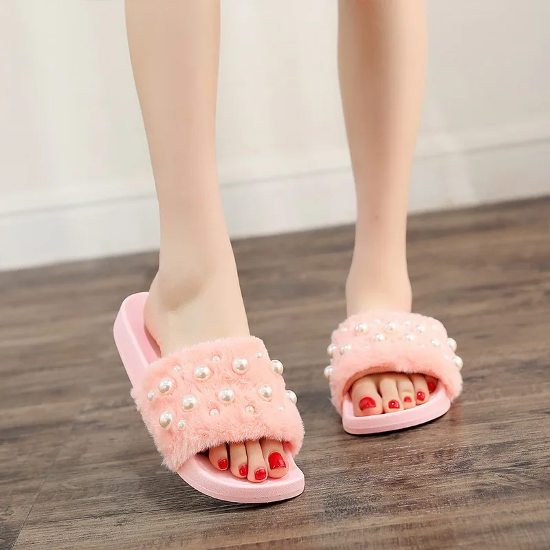 

SHUJIN Women Pearl Decoration Rabbit Hairs Slippers Open Toe Flats Slides Outdoor Summer Beach Shoes Plus Size Indoor Flip Flop