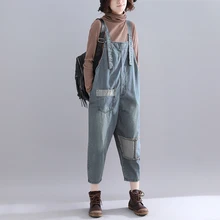 Повседневные джинсовые брюки в стиле Харадзюку, бохо, мешковатые карманы, Лоскутная уличная одежда, Джинсы бойфренда, брюки, женские весенние комбинезоны, Капри, Комбинезоны