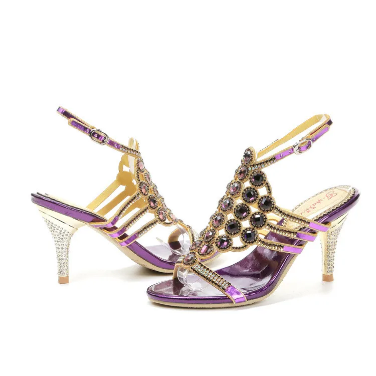 Summer New 2016 T-belt Buckle Diamond Crystal Purple Wedding Shoes For Bride High Heel Stilettos Sandals High Quality-8