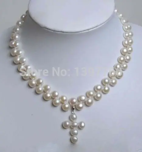 

Miss charm Jew.126 Engaging White Freshwater Pearl Necklace CROSS PENDANT AAA