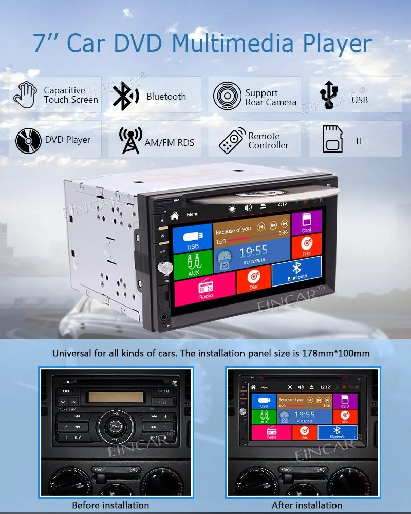 Top EinCar Wireless Rear Camera 7" 2Din Touchscreen in Dash Bluetooth Car Stereo Automotive DVD Player 1080P Video Audio Head Unit 2