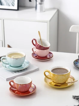 

European Ceramic Coffee Cup Creative Gold Line Pearl Glaze Coffee Cup Dish Set Home Cafe Fun Gifts Dropshipping