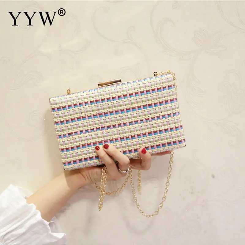 Women Straw Hard-Surface Clutch Evening Bags Party Messenger Bags Striped Korean Daybag Female Lady Blue Pink Clutches Bags