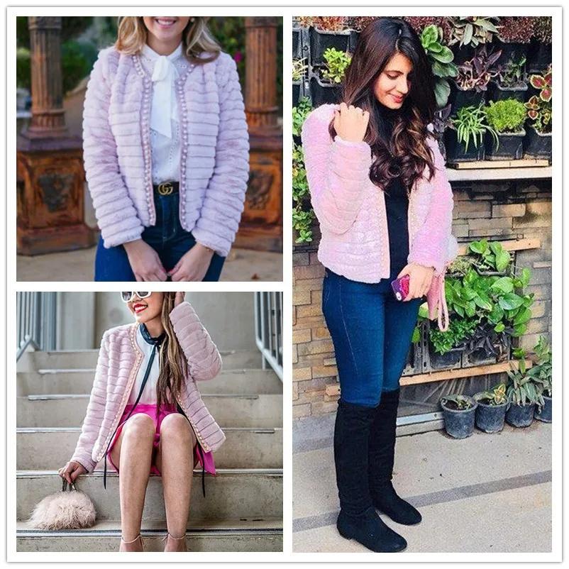 Sheinside Pink Pearl Beading Textured Faux Fur Coat Winter Collarless Cute Outerwear With Lining 2018 Womens Elegant Coats