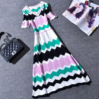 

2019 summer knitted Dresses Women v-neck Dress Elegant Hollow Out short sleeve slim a-lien dress