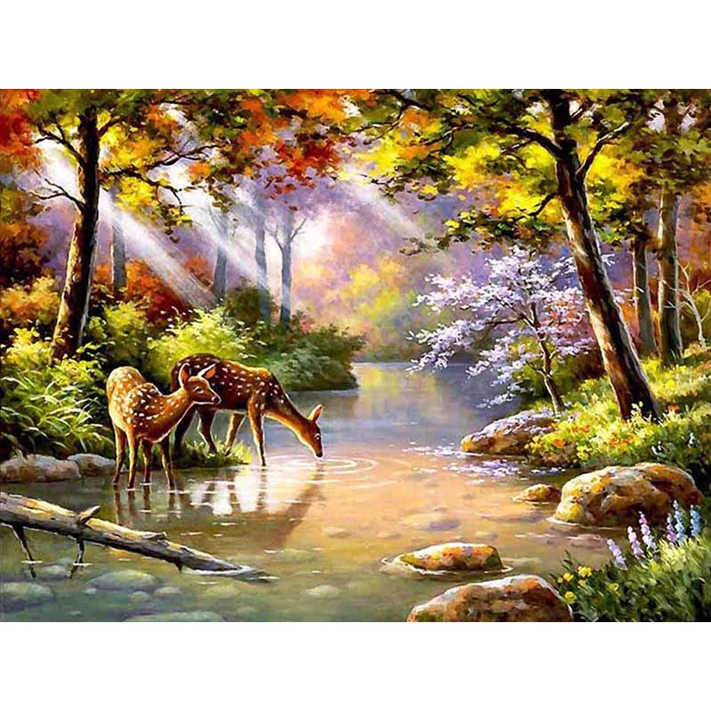 

Full Square Round 5D DIY Diamond Painting Scenic Forest Sunlight 5D Embroidery Deers Cross Stitch Mosaic Rhinestone Decor KBL