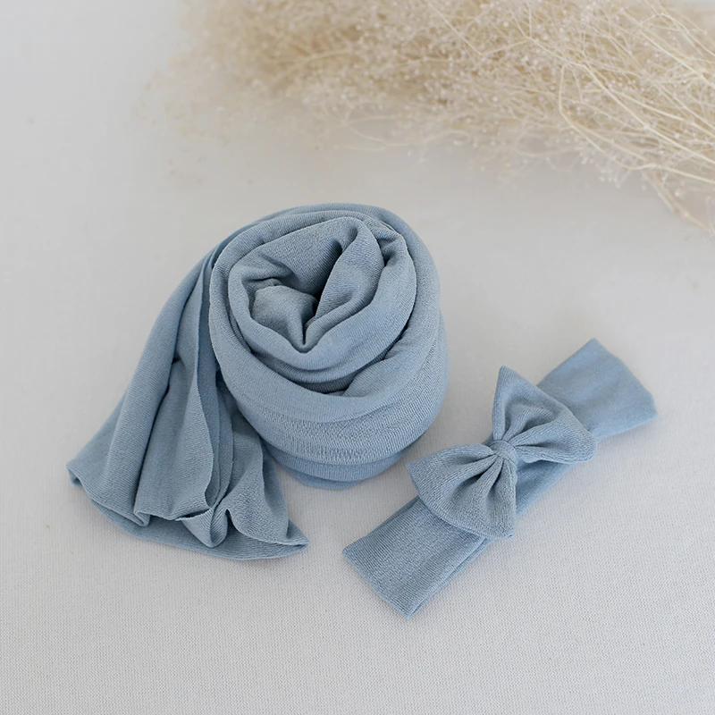 

Newborn Jersey Stretch Wraps And Headband Set Baby Soft Swaddle Layer Fabirc Blanket Infant Knit Wrap And Hairband Photo Prop